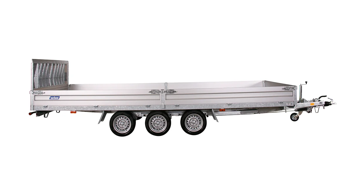5.2m Tri-Axle tilting flatbed trailer - Variant 3553 UX with aluminium drop sides and galvanised rear ramp