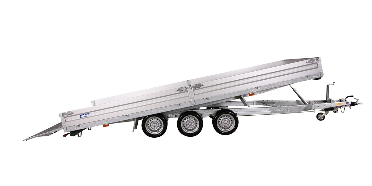5.2m Tri-Axle tilting flatbed trailer - Variant 3553 UX with aluminium drop sides and galvanised rear ramp