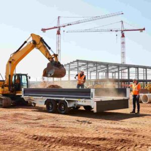 Construction workers supervising an excavator loading dirt onto a tandem axle flatbed trailer on a construction site.