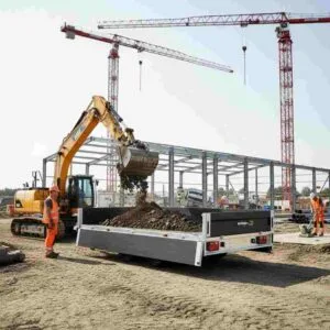 Construction site view of an excavator loading a flatbed trailer with dirt, featuring two construction workers.